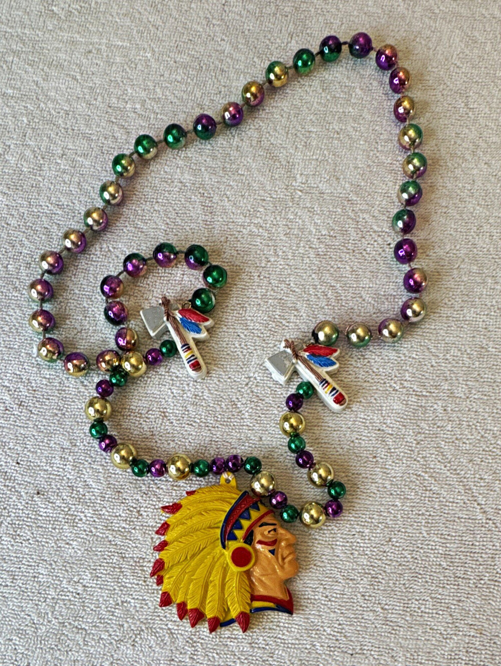 Beaded Necklace Plastic Bead Chain Chief Head Pendant Tomahawks Mardi Gras